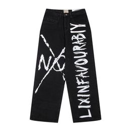 Men's Jeans Streetwear Y2k Hip Hop Graphic Print Vintage Baggy Black Pants Men Women High Waist Wide Leg Trousers