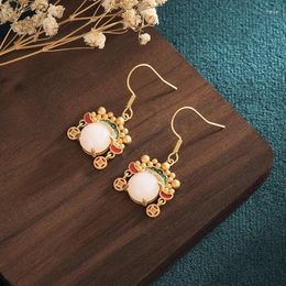 Dangle Earrings White Jade Mask Amulets Chinese Carved Natural 925 Silver Vintage Real Gemstone Charm Jewellery Women Gemstones Gifts