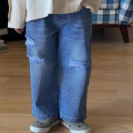 Trousers Children Pants Korean Style 2024 Spring Fashionable Full Length Boys Girls Jeans Ripped Straight Leg Casual Simple