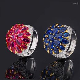 Cluster Rings Vintage Fine Lovely Flower Design Zircon Red Blue Crystals 925 Sterling Silver For Women Wedding Banquet Jewellery Gifts
