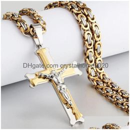 Pendant Necklaces Gold Colour Fish Bone Pattern Cross Necklace Men Stainless Steel Crucifix Jesus Link Chain Catholic Jewellery Drop Del Dhpj1