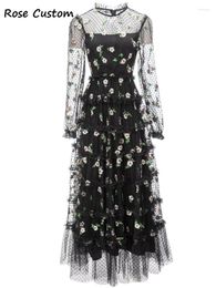 Casual Dresses Red RoosaRosee Floral Embroidery Black White Perspective Maxi Long Mesh Party Dress Autumn Winter 2024 Women Vestidos Robe