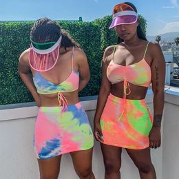 Work Dresses Neon Rainbow Bodycon Two Piece Dress Set Women Crop Top Mini Skirt Tie Dye 2 Matching Sets Club Outfit