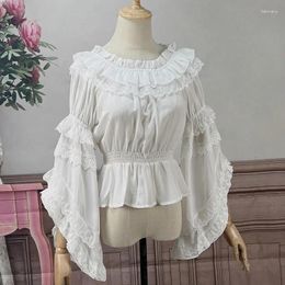 Women's Blouses Vintage Kawaii Lolita Shirts Women Lace Ruffles O-Neck Flare Sleeve Chiffon Sweet Top Elegant Princess Blouse Tops Mujer