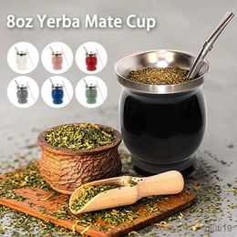 Thermoses 8oz Yerba Mate Cup Double Wall Stainless Steel Portable Tea Mug Argentine Yerba Mate Gourd with Spoon Bombillas Cleaning Brush