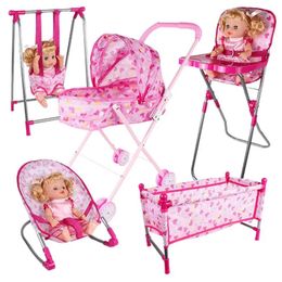 Simulation Doll Stroller Set Pink Baby Pretend Play Toys Nursery Role House Furniture Crib Cart 240129