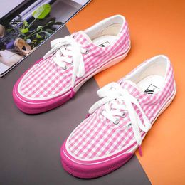 Dress Shoes Women Vulcanize Shoes Fashion Pink Gingham Canvas Shoes Round Toe Flat Casual Sneakers Low Top Comfortable Skateboarding Shoes