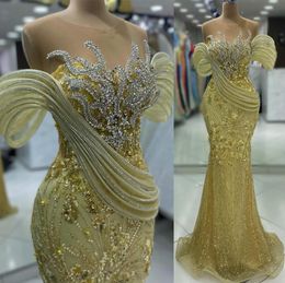2024 Aso Ebi Gold Mermaid Prom Dress Beaded Crystals Sheer Neck Evening Formal Party Second Reception Birthday Engagement Gowns Dresses Robe De Soiree ZJ88