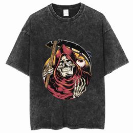 Men's T-Shirts Retro Anime Skull Print T Shirt For Men Washed 100% Cotton Tops Tees Funny Design Harajuku Streetwear Hip Hop Unisex T-shirtsH24220