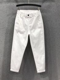 Plus Size Thin Denim Office Lady Baggy Jeans For Women Pants Casual Button Korean Fashion Pockets Elastic Waist Pantalon Femme 240201