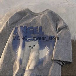 Women's T-Shirt Japanese Minimalist Retro Angel Cat Printed Pure Cotton Short Sleeved T-shirt for Women Summer Loose Fitting Casual Couple TopH2421