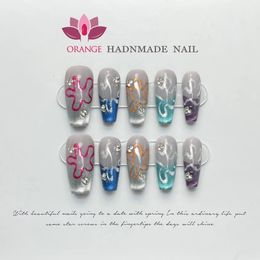 Handmade Press On Nails Medium Cool Reusable Decoration Fake Nails Full Cover Artificial Manicuree Wearable Orange Nail Store 240201