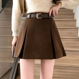 Skirts Autumn Winter Warm Women's Short Wool Skirt With Belt 2024 High Waisted Vintage Slim Thicken A-Line Saias Female