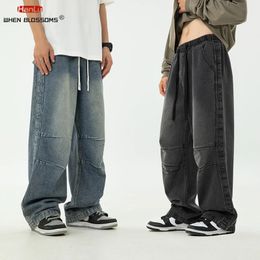 Harajuku Vintage Blue Cargo Jeans Mens Oversized Grunge Y2K Denim Pants Hip Hop Streetwear Baggy Wide Leg Trousers 240125