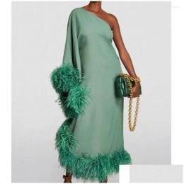 Basic Casual Dresses Wepbel Feather Loose Evening Dress Women One-Shoder Long Sleeve Large Swing Solid Color Fashion Dinner Drop Deliv Otlgo