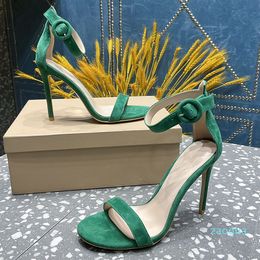 Sandals 2024 New Sexy Versatile Green Leather Open Toe Stiletto With Flat Buckle High Heels 10.5Cm Size 35-42