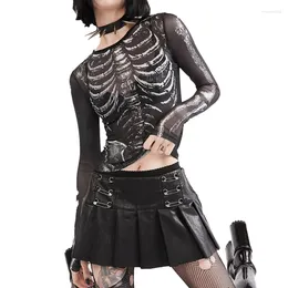 Women's Tanks Gothic Punk Shirt 2000s Women Skeleton Pattern Round Neck Long Sleeve Crop Top Black Dark Academia Clothes Y2k Tees Streetwear