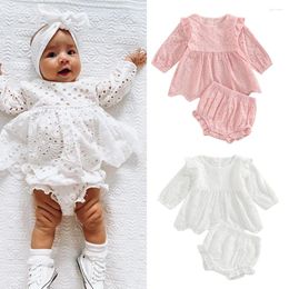 Clothing Sets Toddler Baby Girl Clothes Set Solid Colour Cutout Round Neck Long Sleeve Dress Tops Elastic Casual Ruffle Shorts Sunsuits