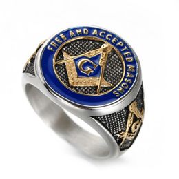 2020 New Blue Fashion Gold Colour Male Masonic Ring Casting Titanium Stainless Steel masonry Masonic Rings for Men's Jewel241E