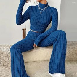 Women's Two Piece Pants Slim Fit Women Suit Knitted Winter Outfit Set Turtleneck Cropped Tops High Waist Flared Elegant Solid For