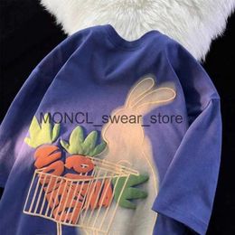 Men's T-Shirts American Fun Retro Rabbit Buying Radish Pure Cotton Short Sleeve T-shirt Versatile Casual Couple Dress for Men and Women Y2k TopH2421