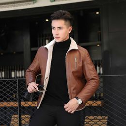 Middle Aged Leather Jacket Mens Versatile Short Style Fur Integrated Stand Up Collar with Plush and Thickened Motorcycle Pu QWH1