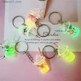 Keychains Lanyards Creative Mini Luminous Milk Bubble Tea Cup Keychain Acrylic Fruit Kiwi Grape Juice Pendant Keyring Women Girl Bag Car Key Holder Q240201