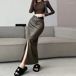 Skirts Sexy Split PU Leather Bodycon Skirt For Women Autumn Winter American Style Girl A Line Long Straight Tube Step