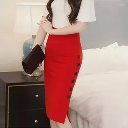 Skirts Women Elegant Slim Pencil High Waist Ladies Skirt Side Split Button Office Bodycon Fitted