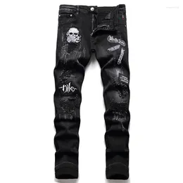 Men's Jeans Spring Autumn 2024 Ripped Black Fashion Skull Embroidery Slim Stretch Pants Nightclub Motorcycle Trend Clothing