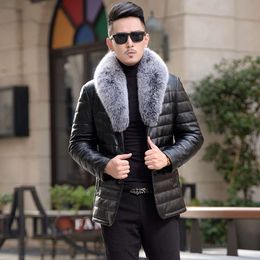 1707 Winter Designer Haining Leather Coat Down Jacket Mens Silver Collar Korean Version Medium Length Slim Fit DESL