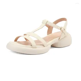 Sandals Women Summer Retro Beige Yellow Round Toe Chunky Heels Fashion Casual Ladies Open Shoes Buckle Strap Platform