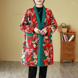 Ethnic Clothing 2024 National Flower Print Traditional Coat Chinese Vintage Fleece Lined Jacket Retro Tang Suit Oriental Thicken Warm Hanfu