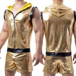 Mens Tank Tops Boxer Briefs Shorts Sleeveless Hooded Vest Gold Shiny Tight Leather Clubwear Set Suit Stage Costume 240129