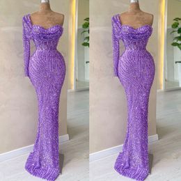 Modern One Shoulder Mermaid Evening Dresses Sequins Prom Gowns Beaded Long Sleeve Custom Made Formal Party Dresses Plus Size