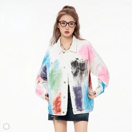 Women's Jackets Ladies Painted Spray White Denim Jacket Oversize Mens Single-breasted Button Up Loose Casual Couple Colour Decoration