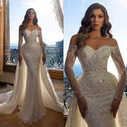 Illusion Classic Mermaid Wedding Dresses Off Shoulder Lace Crystals Bridal Gowns Custom Made with Detachable Train Vestido De Novia