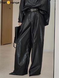 Women's Pants HanOrange 2024 Autumn Fashion Modern High Waist Wide Leg Glossy Women Loose Silhouette Trousers Black