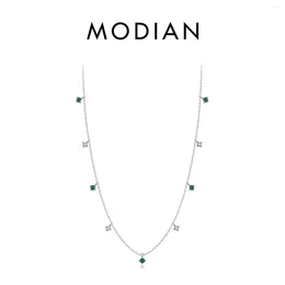 Chains MODIAN Real 925 Sterling Silver Charm Green CZ Round Small Pendant Necklace Trendy Link Chain For Women Anniversary Jewelry Gift