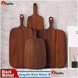 Chopping Blocks New Hangable Black Walnut Cutting Board Durable Wooden Chop Fruit Pizza Sushi Bbq Tray Solid Unpainted Non-Slip Kitche Dhj9Q