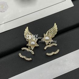 Double Letter Diamond Earring Charm Pearl Jewelry Stud Designer Gold Wing Earring Girl 's Earrings Gift With Box