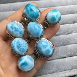 Cluster Rings 1 Pc Fengbaowu Natural Larimar Ring 925 Sterling Silver Round Oval Cabochon Reiki Healing Stone Fashion Jewelry Gift For Men