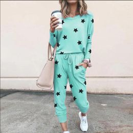 Women's Two Piece Pants Fashion Printing Sets Causal Loose Slim O-Neck Long Sleeve Top & Elastic Waist Lace Up Drawstring Pencil Suits