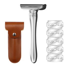 Double Edge Adjustable Safety Razors Classic Razor with 5 Blade Case Long Handle Wet Shaving Zero Irritation Detachable Blades240129