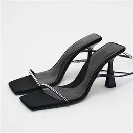 Sandals Summer Women Shoes One Character Strip Rhinestone Thin High Heels Cross-tied Sandalias De Mujer Black Pumps