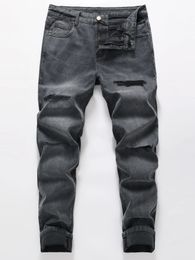 Men's Slim-Fit Straight Stretch Causal Fashion Slashed and Ripped Patched Denim Pants Jeans Black 240124