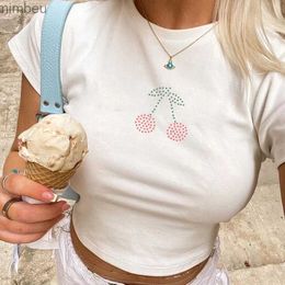 Women's T-Shirt 2000s Rhines Cherry Graphics Printing Summer Gothic Harajuku Punk Slim Women T Shirt Short Sleeve Crop Tops Y2K Baby Tees L240201