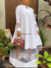 Ethnic Clothing Summer Elegent African Women Long Sleeve V-neck Polyester White Dress Dresses For S-3XL Maxi