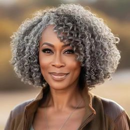 Salt and pepper Afro Kinky Curly Grey Human Hair Wigs gradient two tone silver bob Grey Wig for Black Women None Lace machine made cap 130% density softly