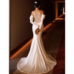 Elegant Satin Dresses Mermaid Long Sleeve High Neck 3D Floral Lace Plus Size Arabic Bridal Gowns Fishtail Vestidos De Novia Princess Boho Wedding Dress 403